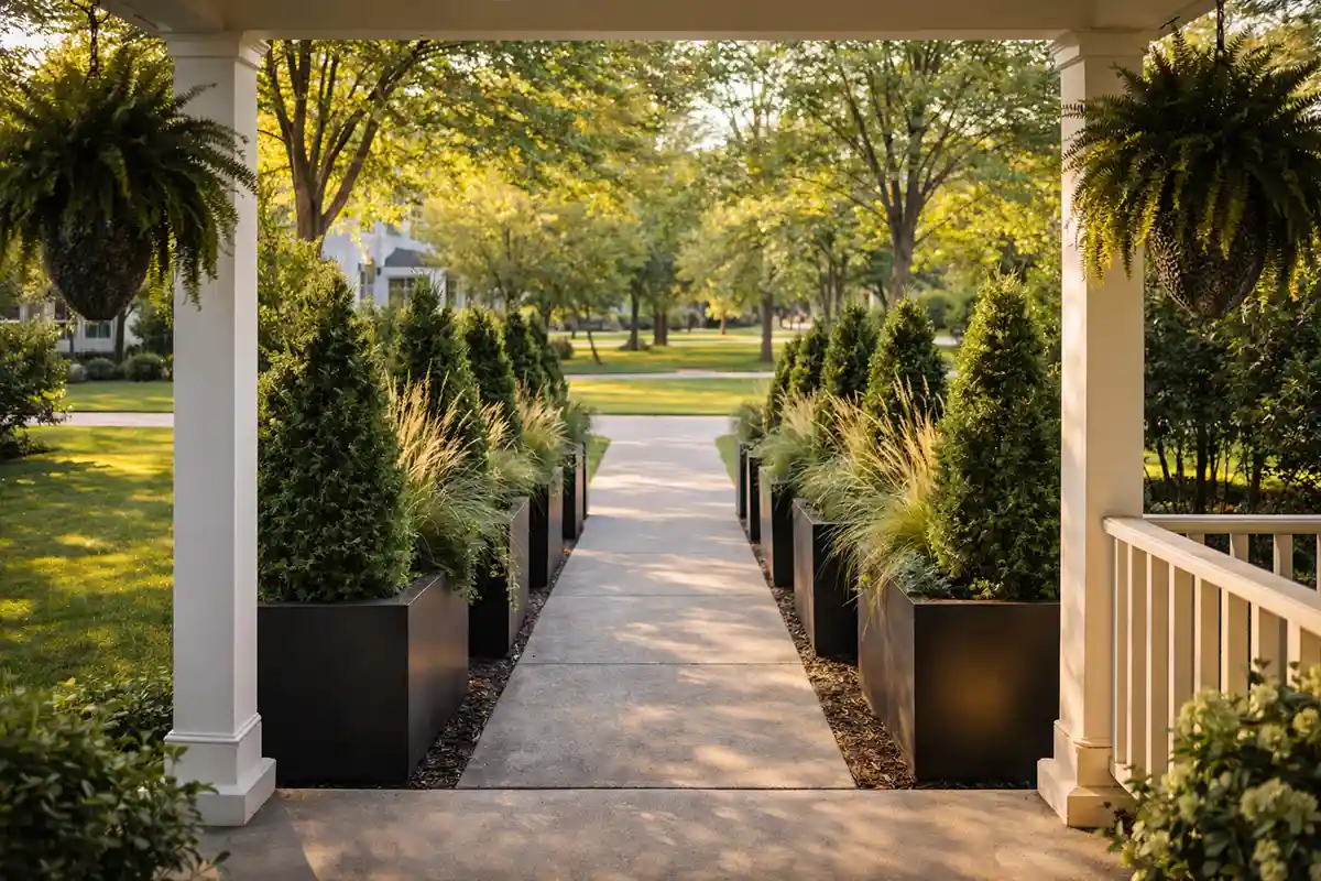 Evergreen planter privacy corridor along front walkway