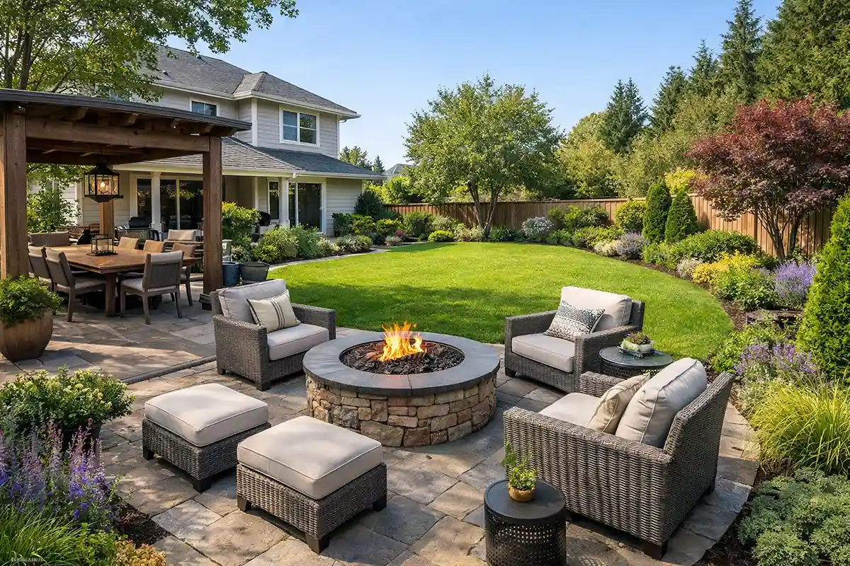 Well-designed backyard layout with patio seating zones, lawn space, and balanced landscaping.