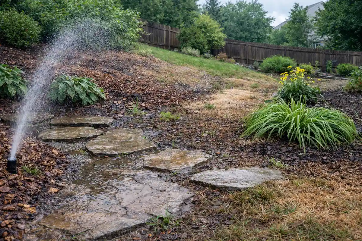 Garden irrigation system watering unevenly with overspray on patio