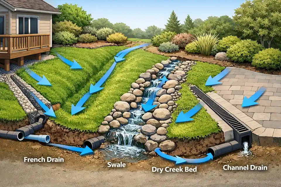 Diagram illustrating drainage solutions for managing water runoff on a sloped backyard.