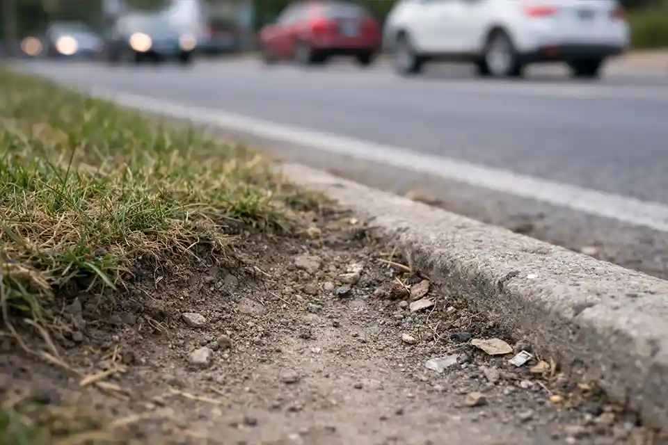 Roadside lawn edge with thinning grass and compacted soil caused by dust from nearby traffic.
