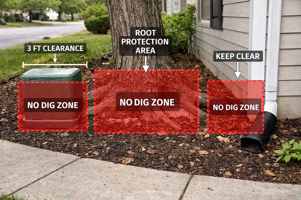 Shallow front-yard bed with overlay highlighting a utility box, tree root zone, and downspout as layout constraints