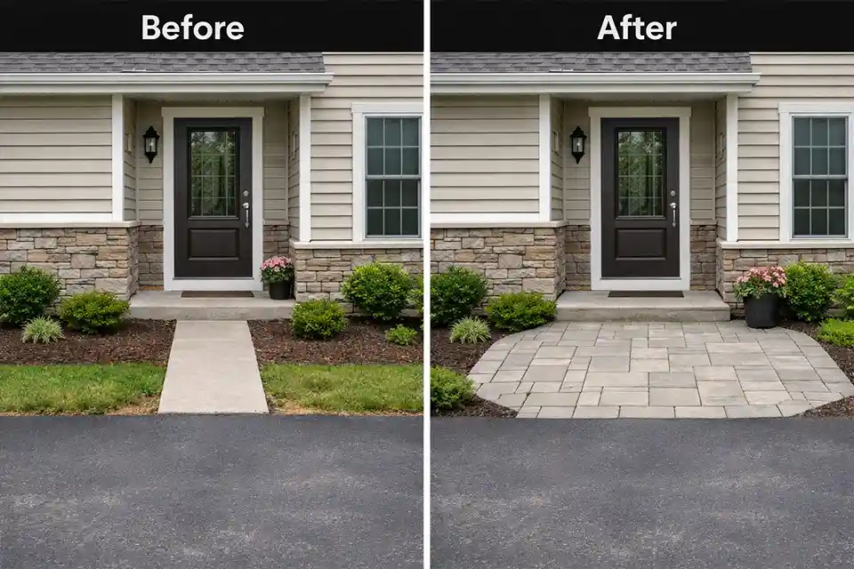 Comparison of a narrow walkway ending and a widened landing near the front door