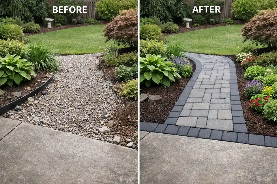 Before-and-after view of a grass-free backyard showing a failing gravel edge replaced with a stable path and deeper planting bed