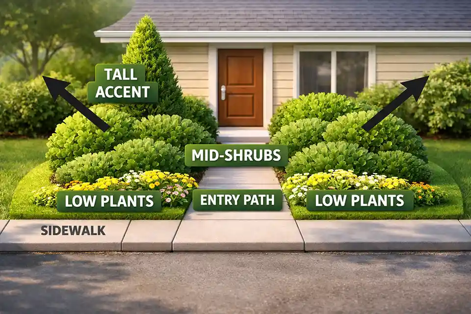 Front yard privacy diagram showing a low hedge, staggered shrubs, one taller accent, and a clear entry gap to keep the yard welcoming