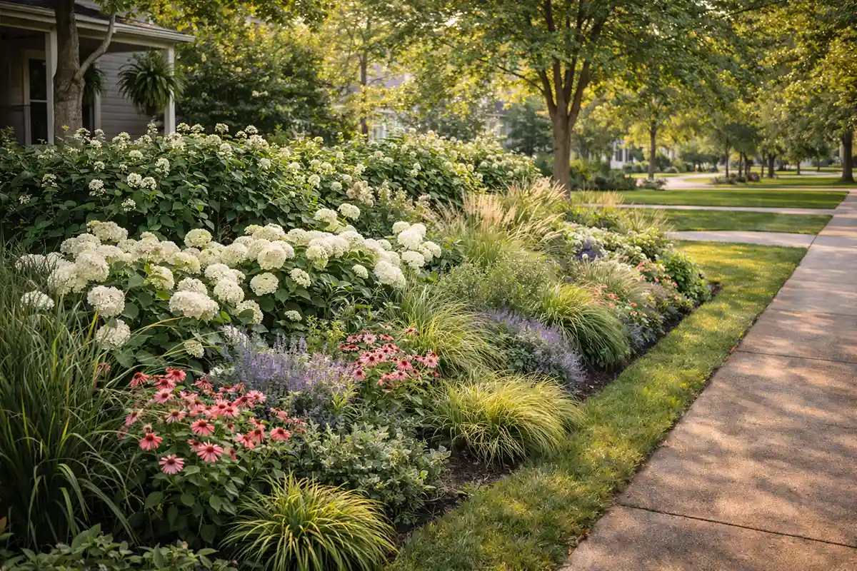 Layered front yard flower bed privacy border