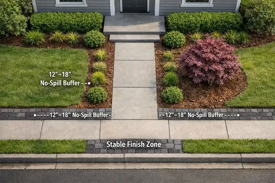 Top-down diagram of a minimal-setback front yard showing a clear walkway, narrow planting band, one focal plant, and a stable curb-edge finish zone
