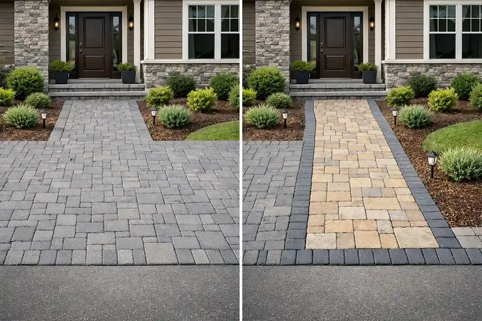 Comparison of matching driveway and walkway materials versus a contrasting walkway leading to the entrance