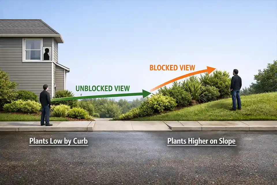 Diagram showing why low curbside planting on a sloped front yard fails to block privacy and why screening higher on the slope works better