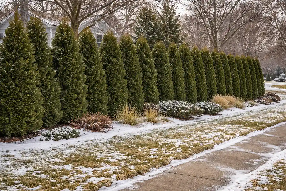 Arborvitae hedge privacy screen along sidewalk