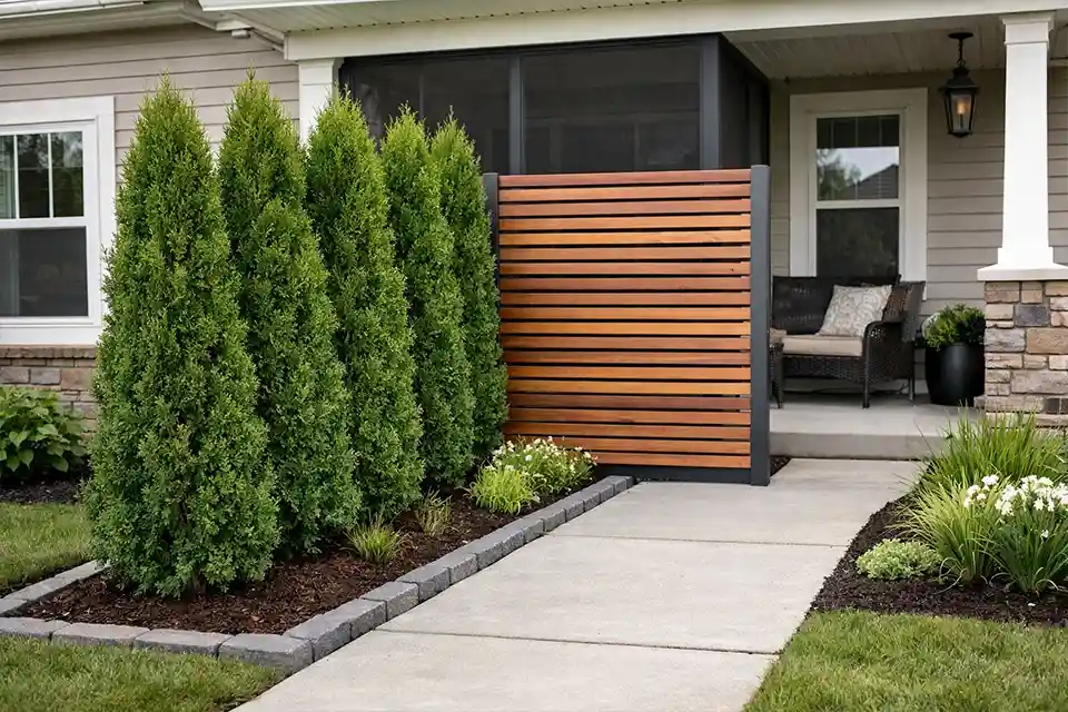 Compact front yard privacy design using upright shrubs and a slatted screen while keeping the front walkway open and welcoming
