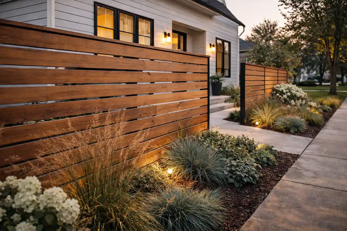 Modern horizontal wood slat privacy fence in front yard