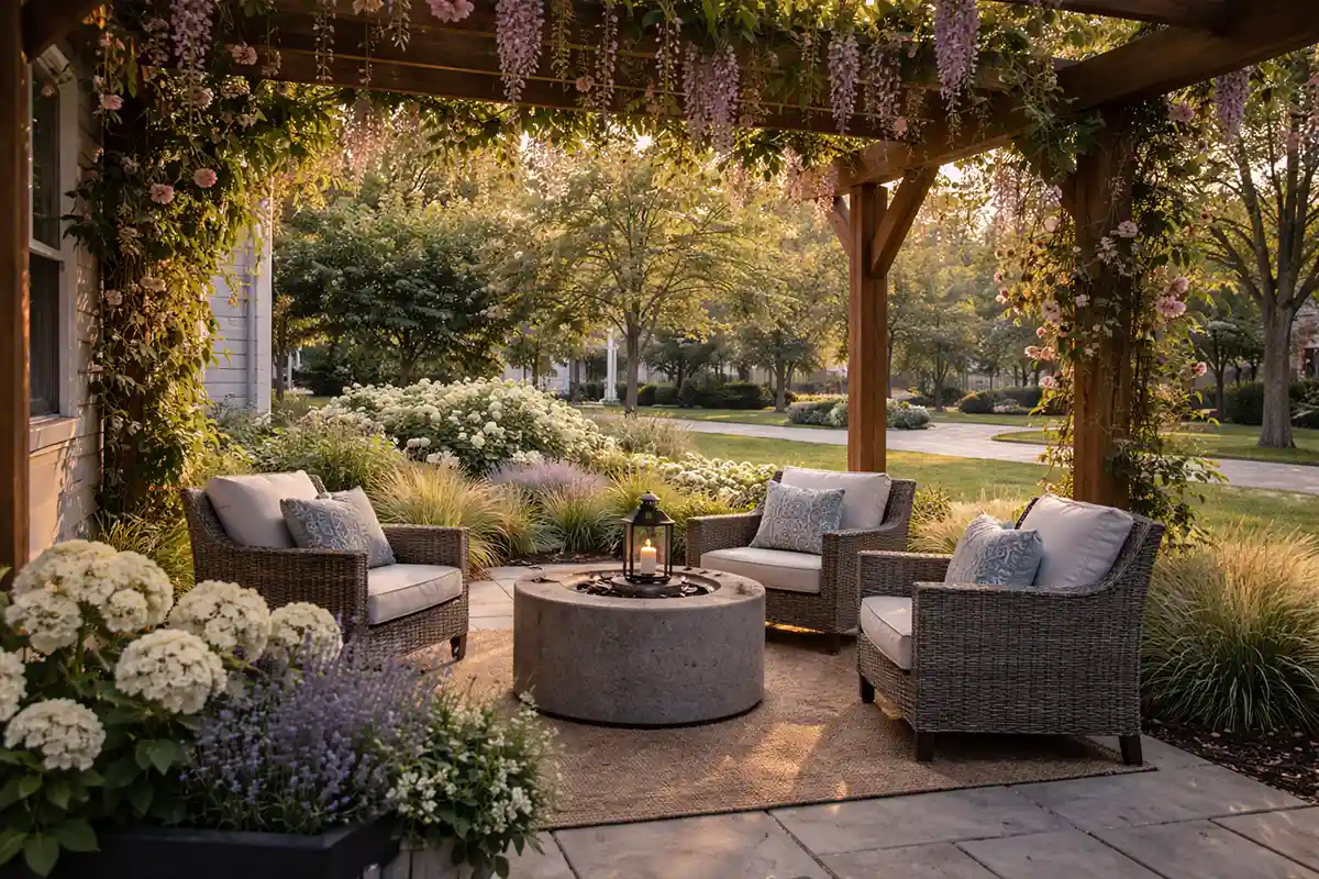 Pergola seating area with climbing flowers for privacy