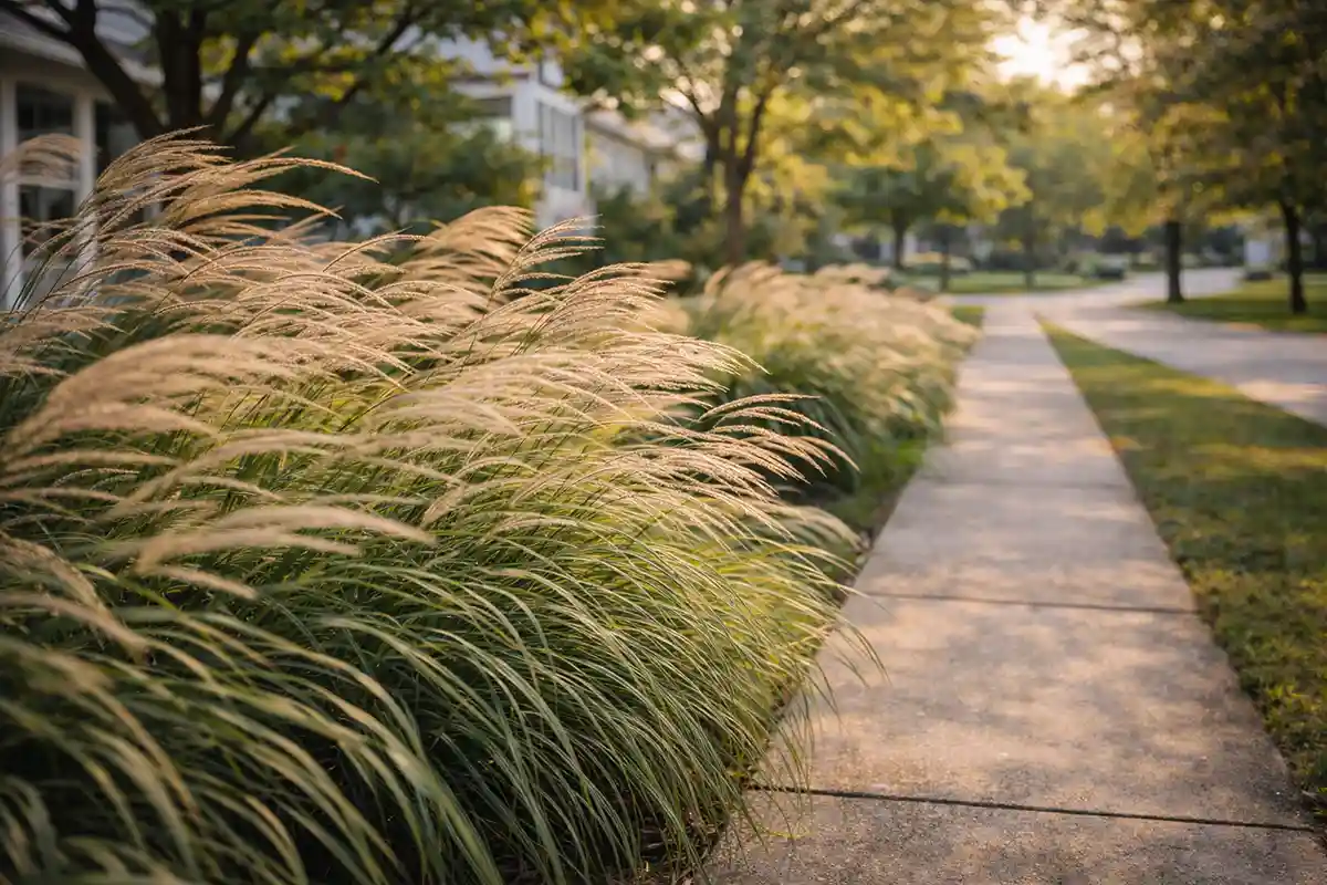 Ornamental grasses creating soft front yard privacy border