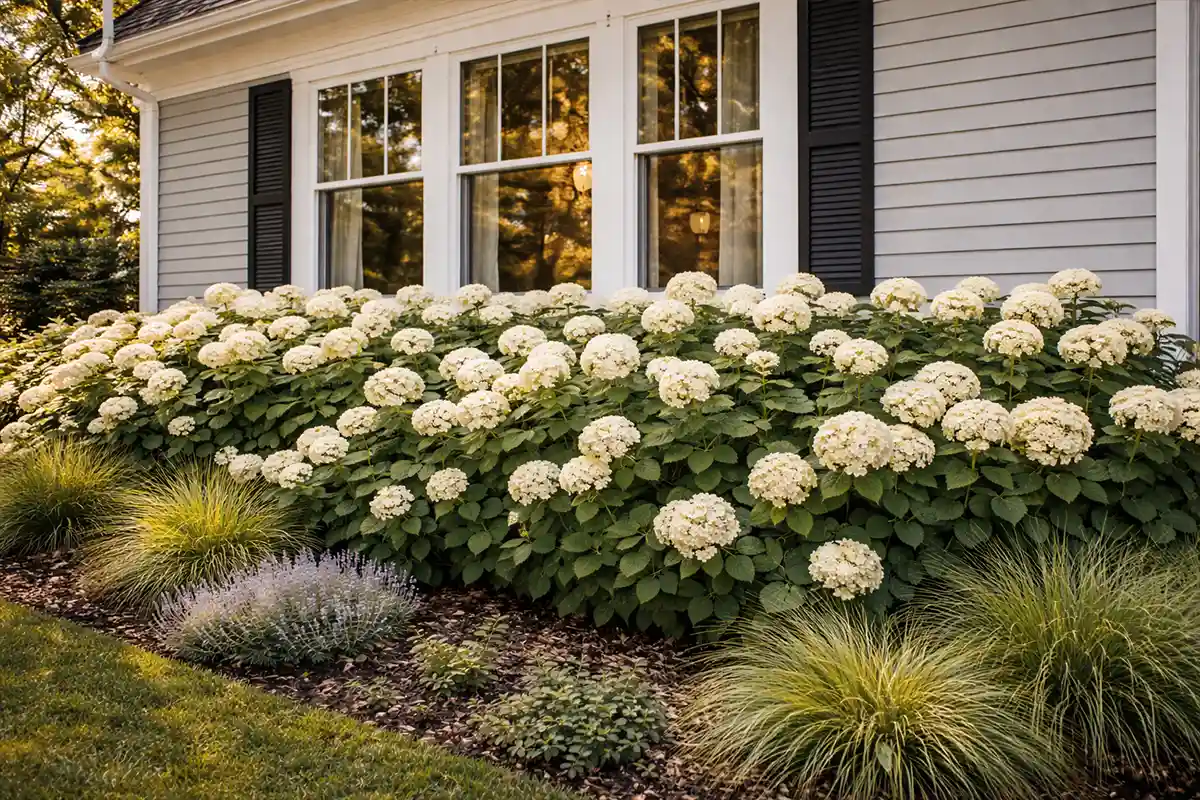 Hydrangea hedge planted along house foundation