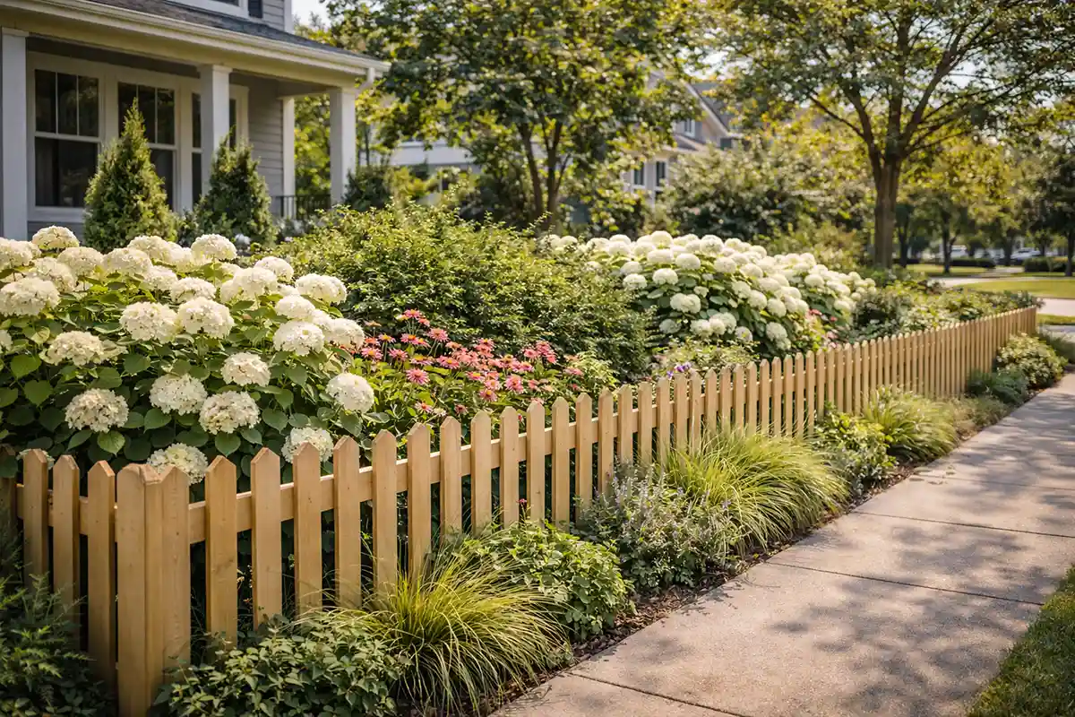 Wooden picket fence with hydrangea privacy planting