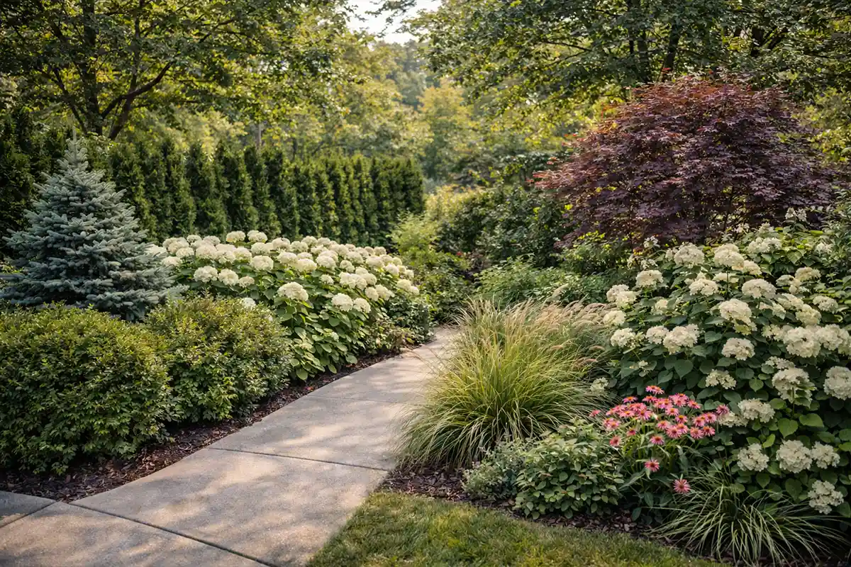 Curved garden path with layered shrubs and hydrangeas