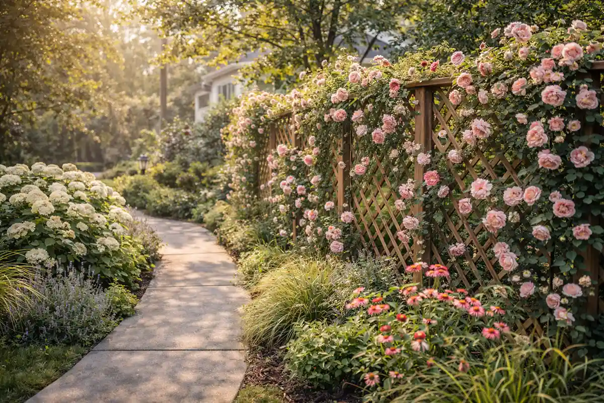 Rose covered lattice privacy divider along garden path