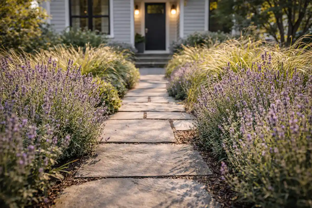 Lavender lined stone walkway leading to front door