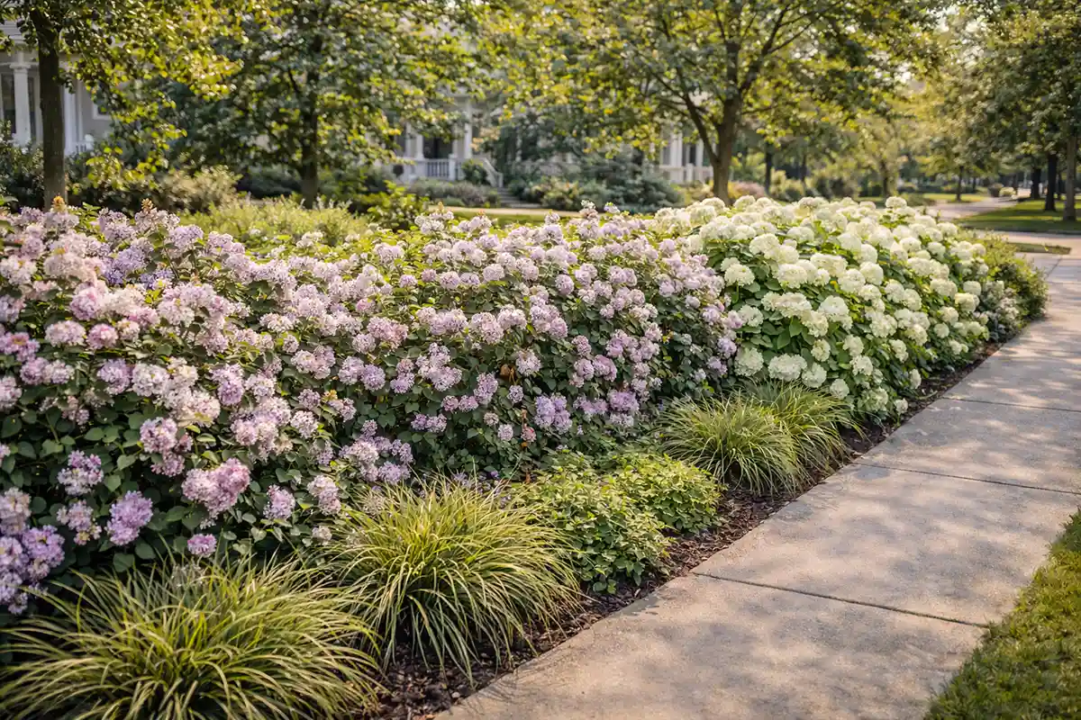 Hydrangea and lilac privacy hedge along sidewalk