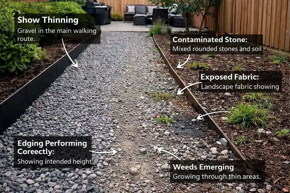 Failing gravel surface in a grass-free backyard with a thinned walking path, weeds, exposed landscape fabric, and contaminated stone.