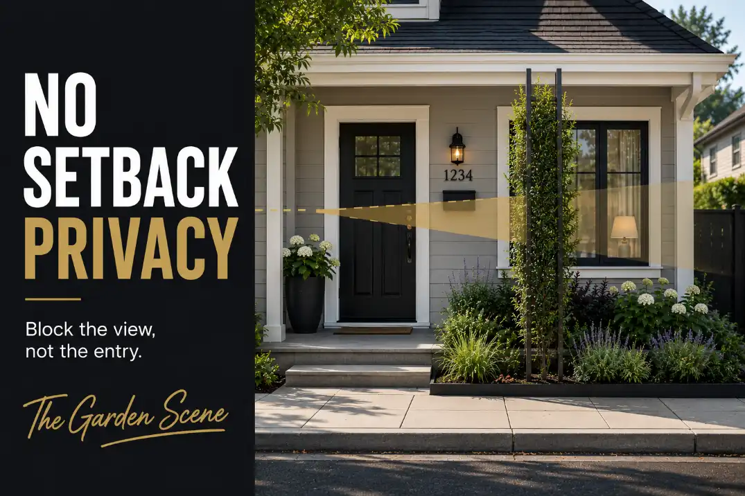 No-setback front yard with a narrow vertical privacy edge filtering a sidewalk view while the front door and walkway stay open.