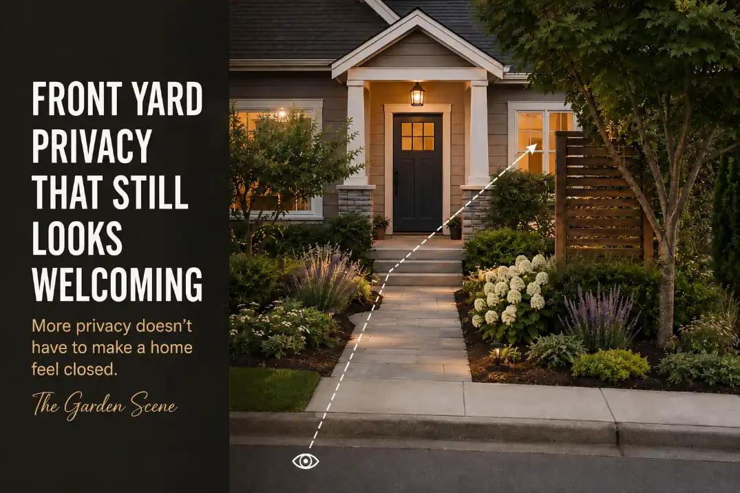 Welcoming front yard privacy design with layered screening that softens street views while keeping the front door and walkway visible.