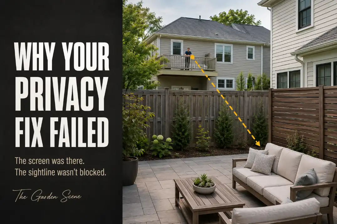Backyard privacy fix failing because a neighbor sightline still reaches the seating area.