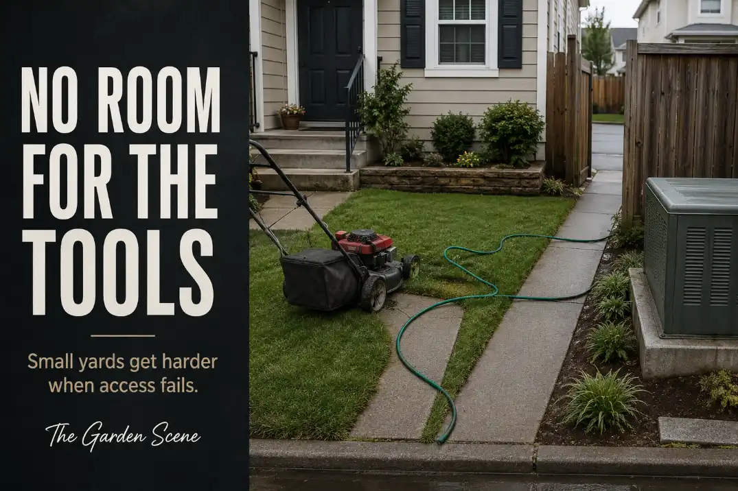 Small front yard where narrow access and tight lawn areas make mowing, hose use, and cleanup harder.