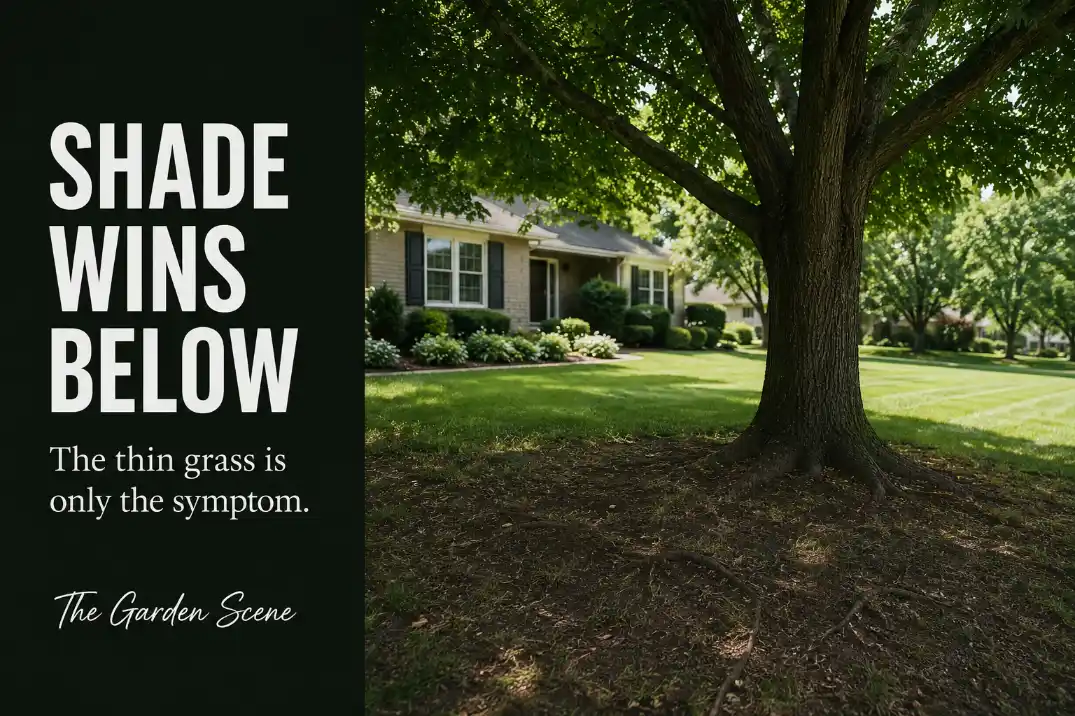 Front yard shade tree with thin patchy grass and bare soil under the canopy.