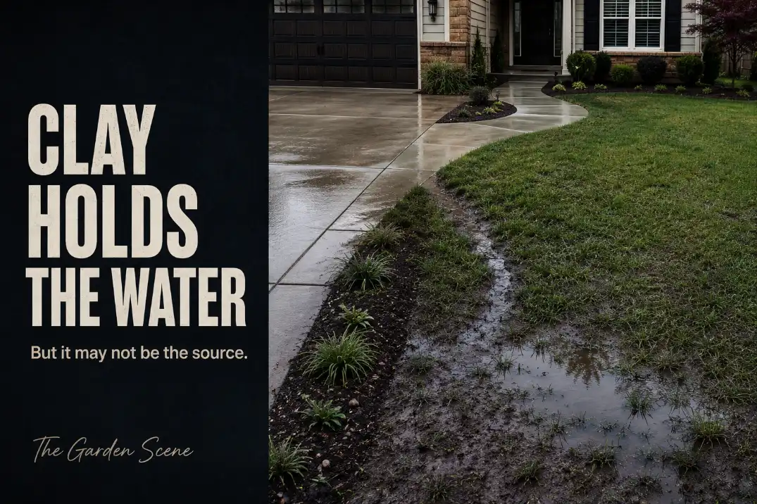 Clay front yard drainage problem with standing water, muddy bed edge, and runoff clues after rain.