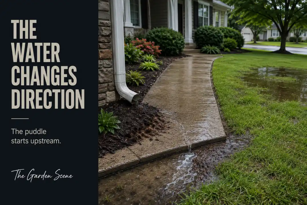 Front yard walkway drainage problem where downspout water changes direction and collects in a low lawn after rain.