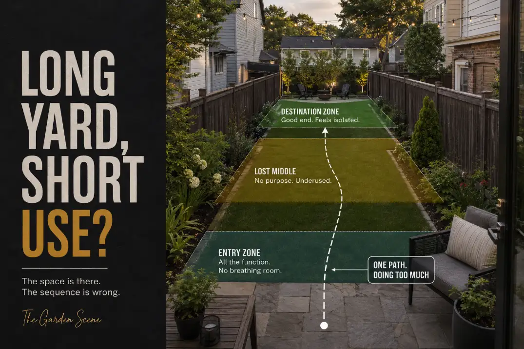 Long narrow backyard with stacked zones, a dead middle area, and one overloaded access route showing why the yard feels hard to use.