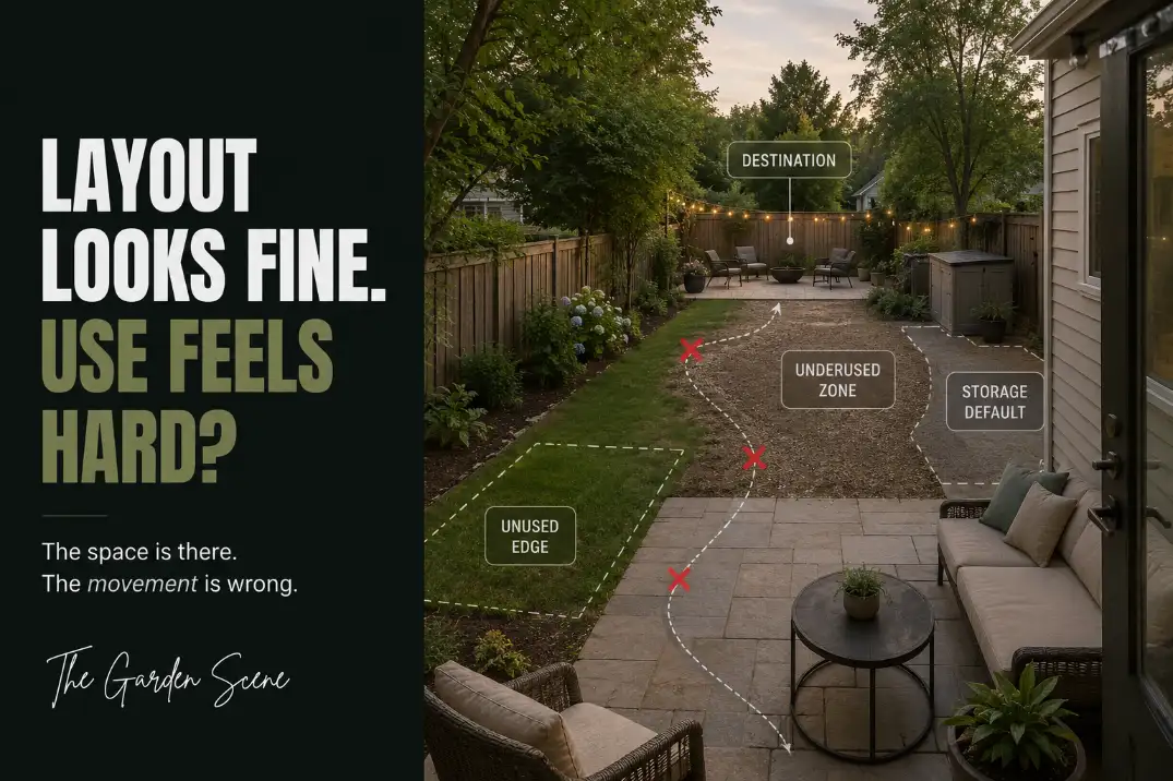 Backyard layout with visible space but awkward daily movement routes and unused middle zones.
