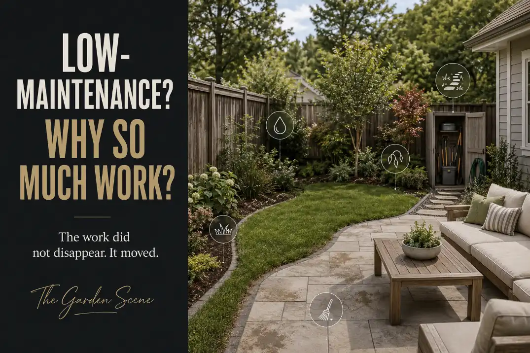 Clean backyard with overlays showing hidden maintenance pressure around edges, water, access, plants, and patio surfaces.