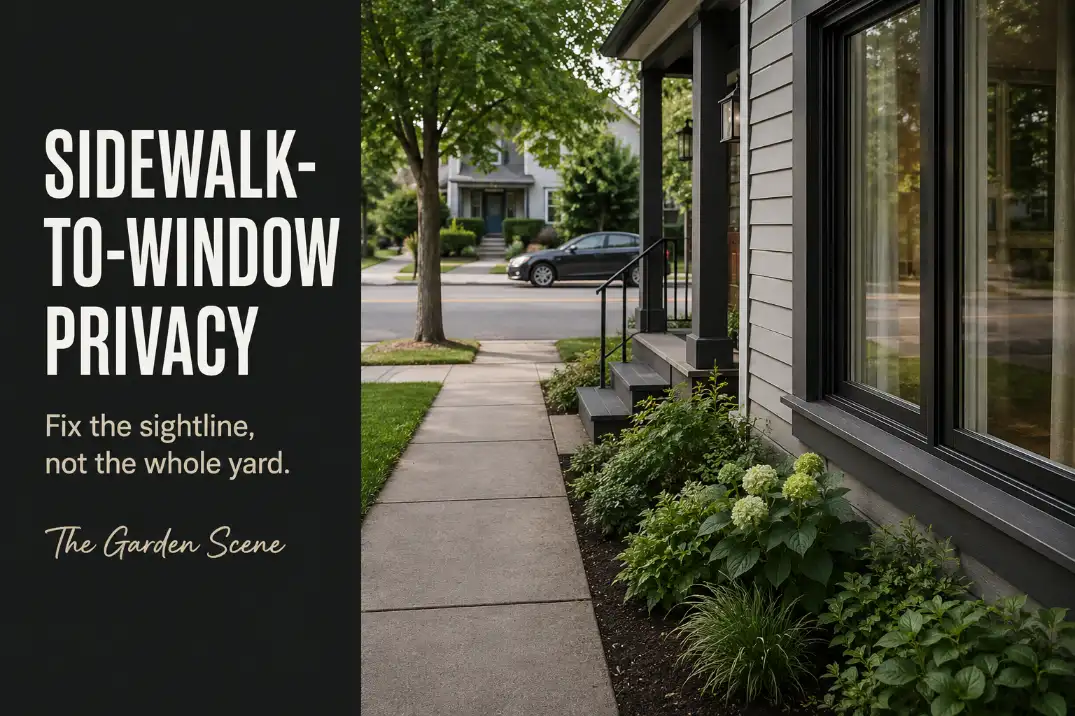 Close sidewalk front yard showing a short pedestrian sightline from the sidewalk to a street-facing window.