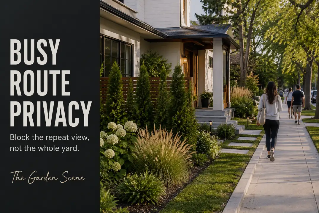 Front yard beside a busy walking route with partial screening aimed at the sightline while the entry stays open.