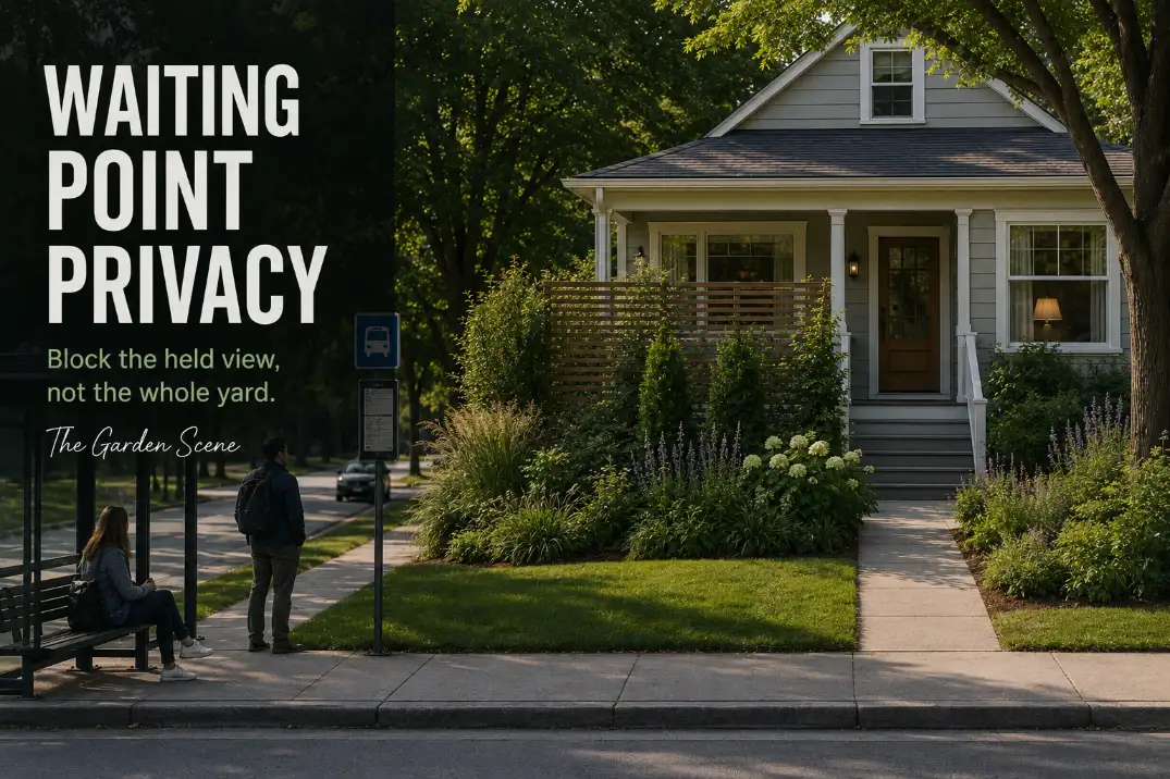 Front yard privacy near a public waiting point with a targeted screen breaking the held view while the entry stays open.