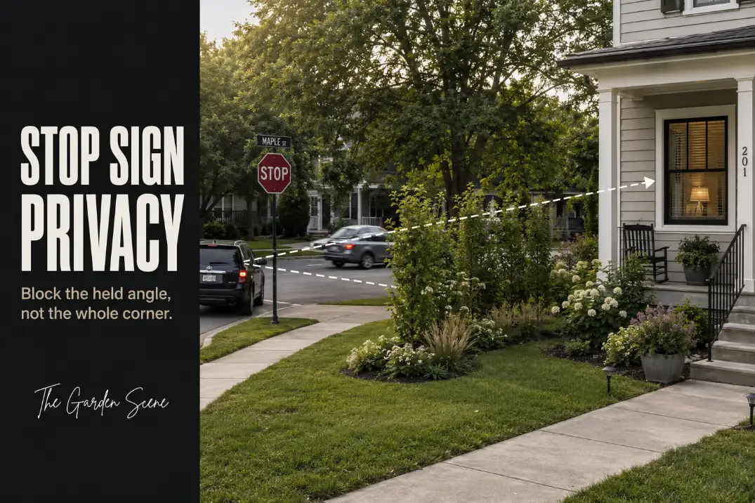Front yard at a stop sign with a targeted privacy screen blocking a held vehicle sightline toward a porch.
