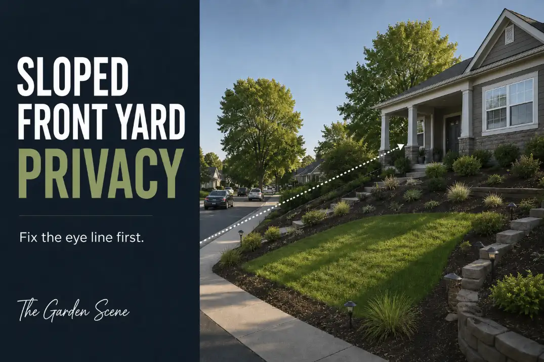 Sloped front yard facing a busy street with a visible street eye line exposing the lower yard and porch privacy problem.