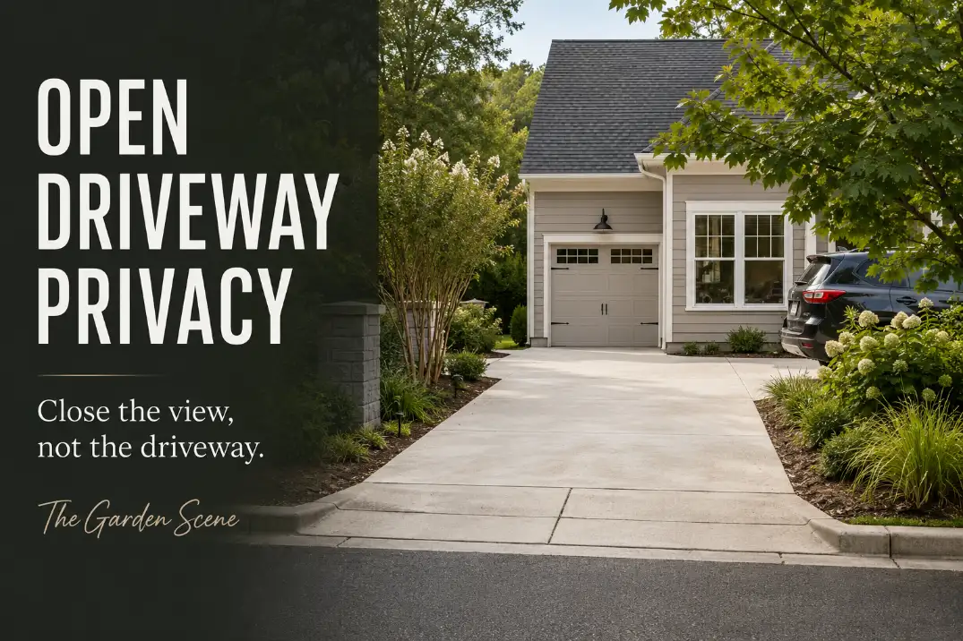 Open front yard driveway creating a street sightline toward a garage and side window with privacy diagnosis labels.