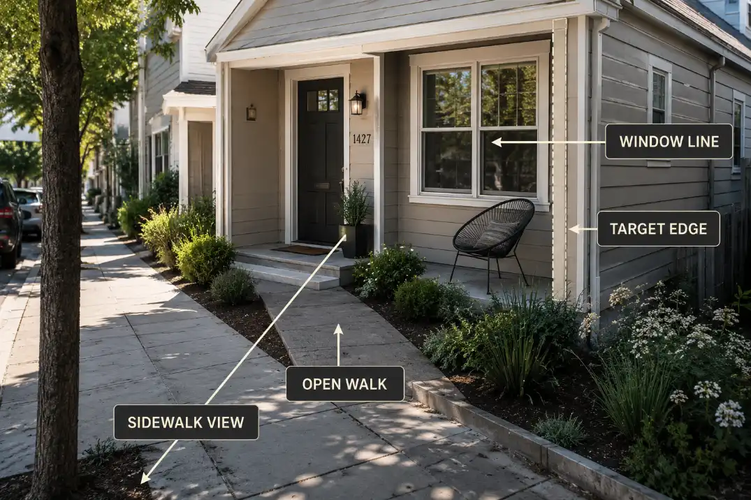 No-setback front yard sightline test showing sidewalk view, window line, target edge, and open front walk.