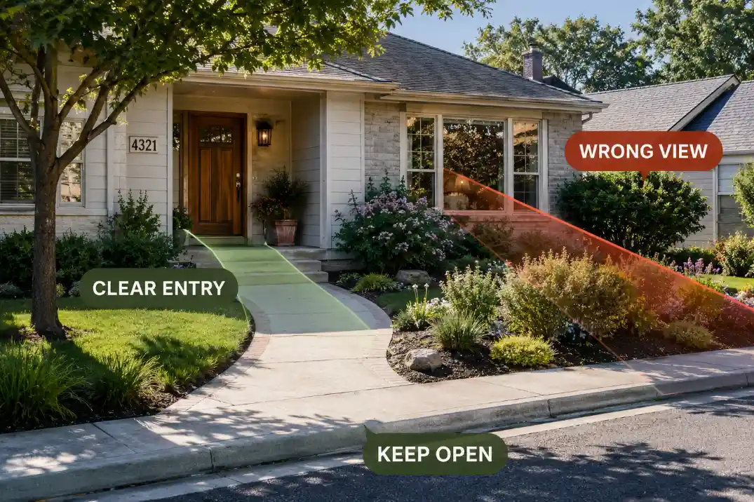 Diagram of a front yard showing the wrong street-to-window view blocked while the entry and walkway stay open.