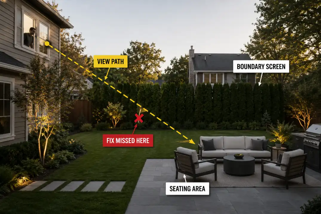 Backyard boundary screen missing the actual sightline into a patio seating area.