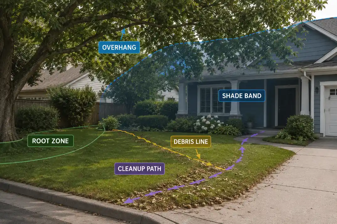 Front yard overlay showing how a neighbor tree creates overhang, shade, debris, root pressure, and cleanup zones.