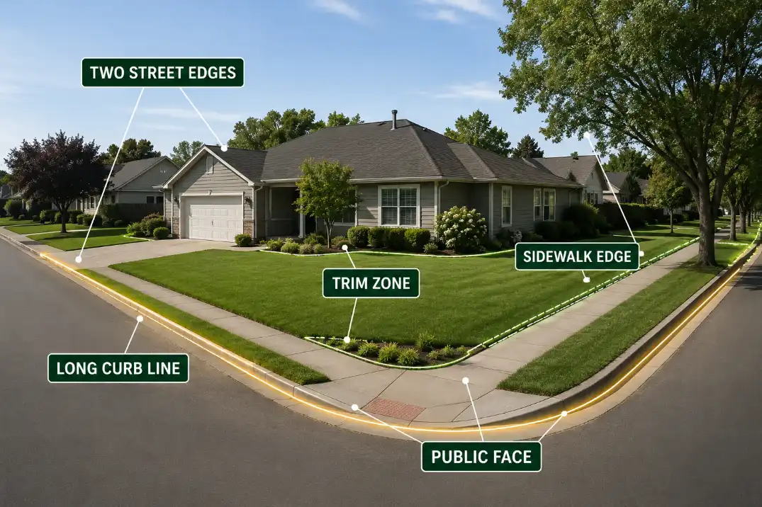 Corner lot front yard diagram showing long curb lines, sidewalk edges, and trim zones that increase maintenance.