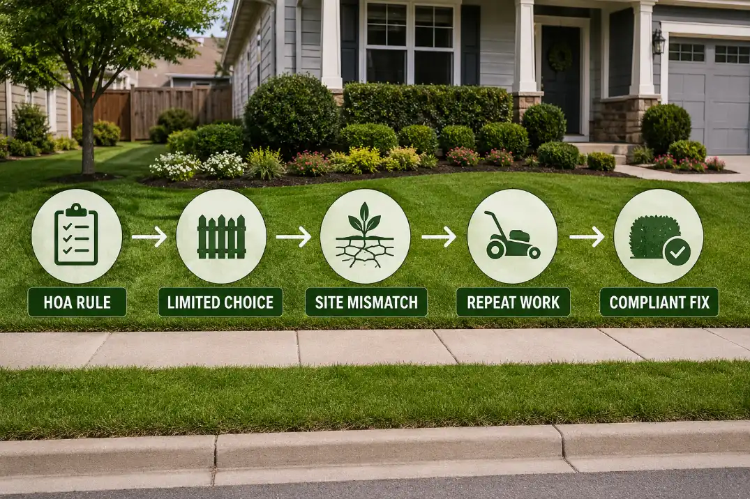 Diagram of an HOA front yard showing how rules lead to limited choices, site mismatch, repeated work, and compliant fixes.