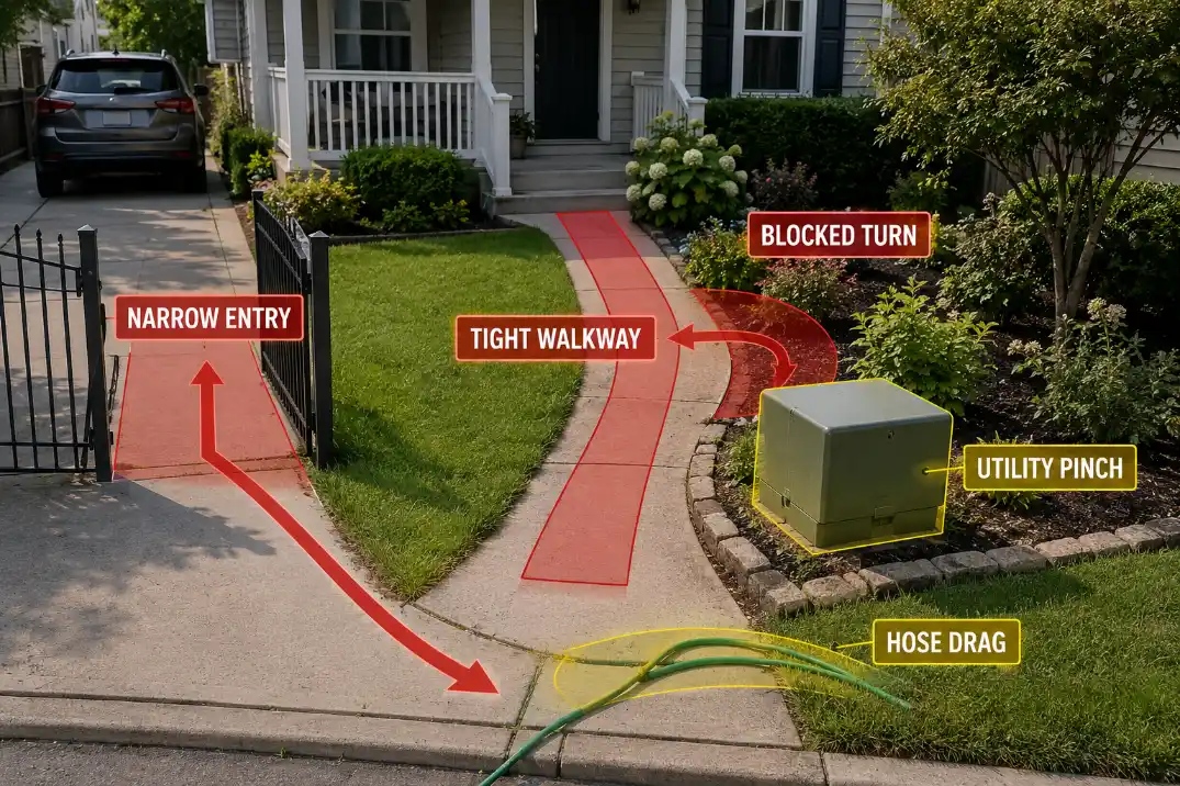 Small front yard diagram showing narrow entry, blocked mower turn, utility pinch point, and hose drag zones.
