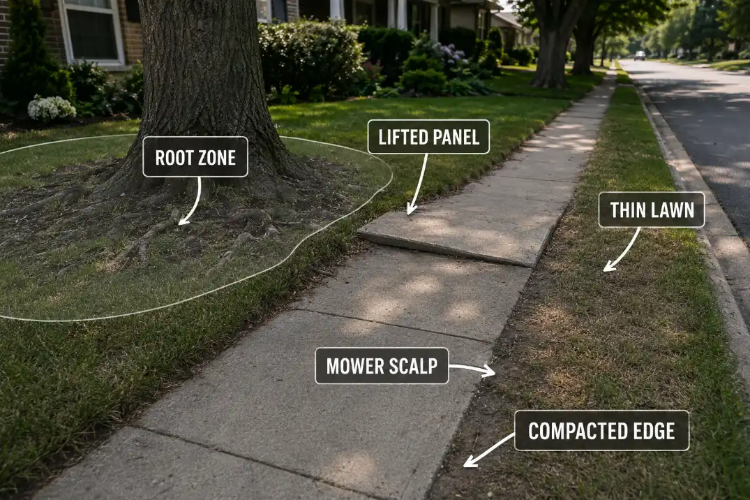 Front yard diagram showing root zone pressure lifting a sidewalk panel and thinning the lawn edge.