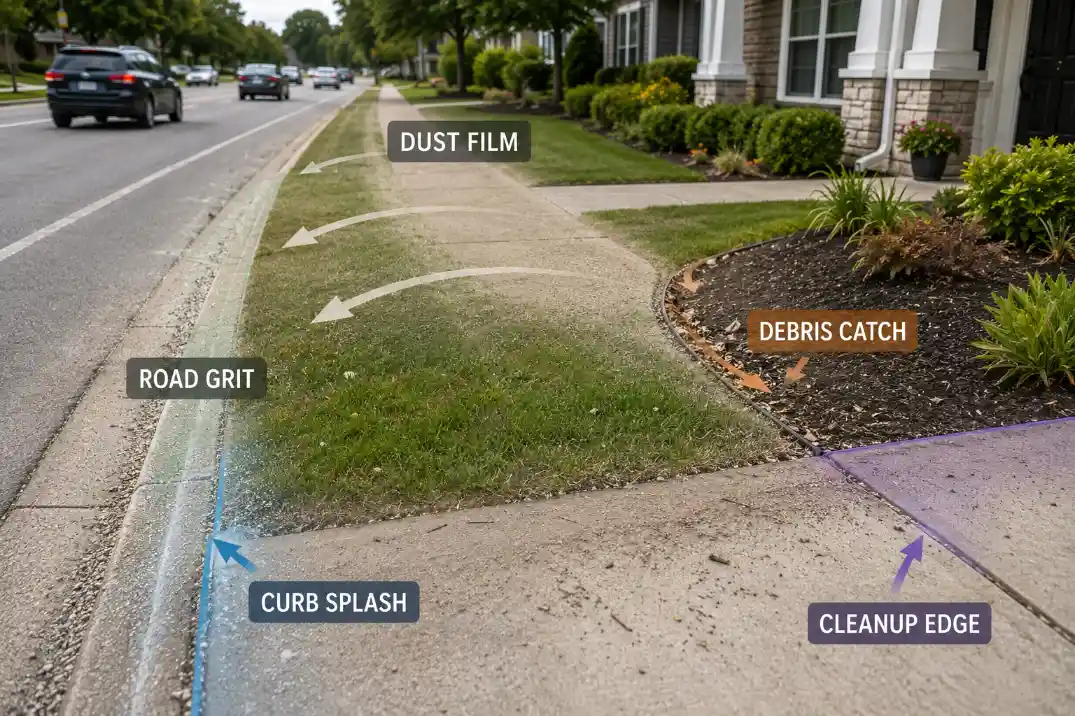 Busy road front yard diagram showing dust film, road grit, curb splash, debris catch zones, and cleanup edges.